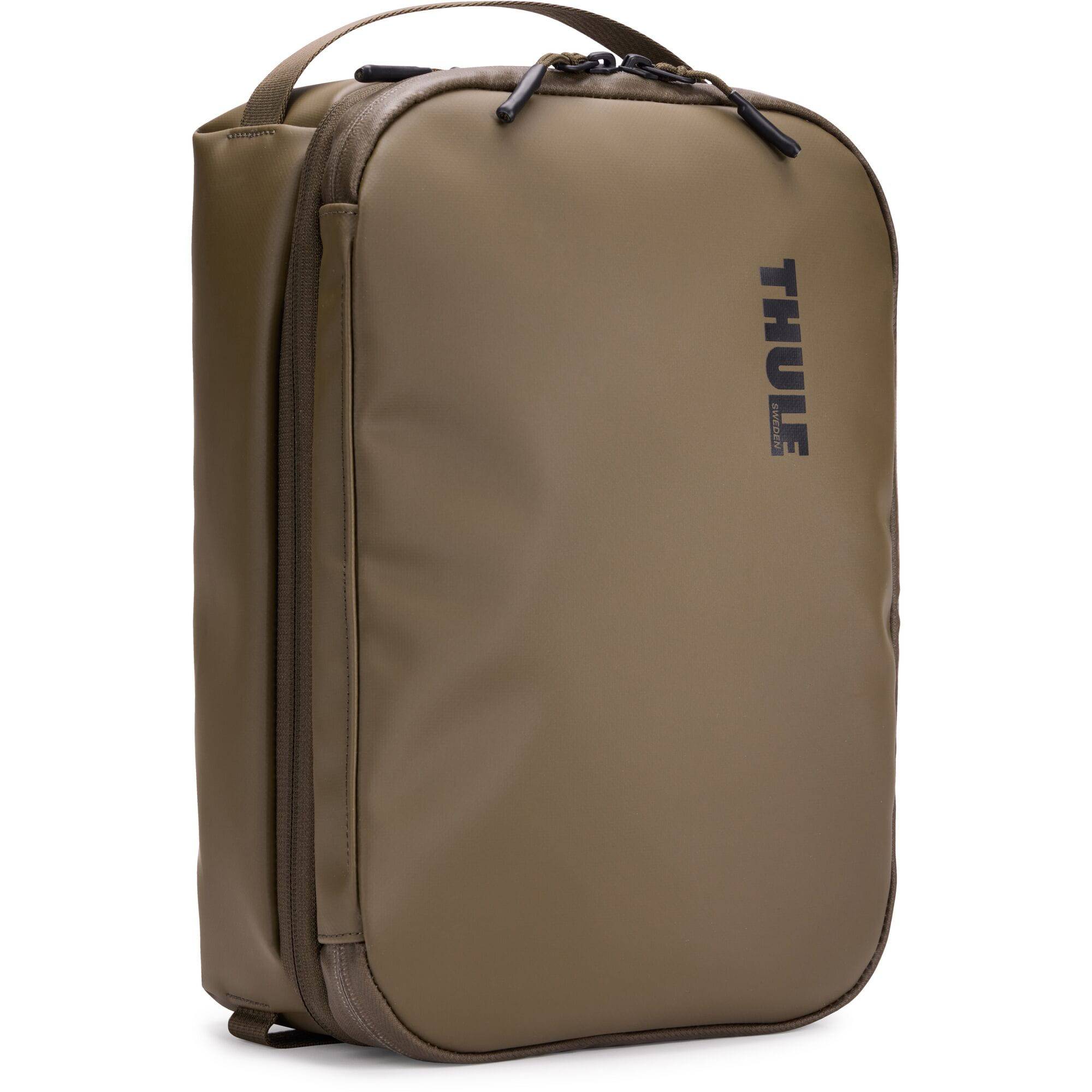 Thule Chasm Large Gear Cube in Deep Khaki, weather-resistant travel organizer with multiple compartments for gear storage.