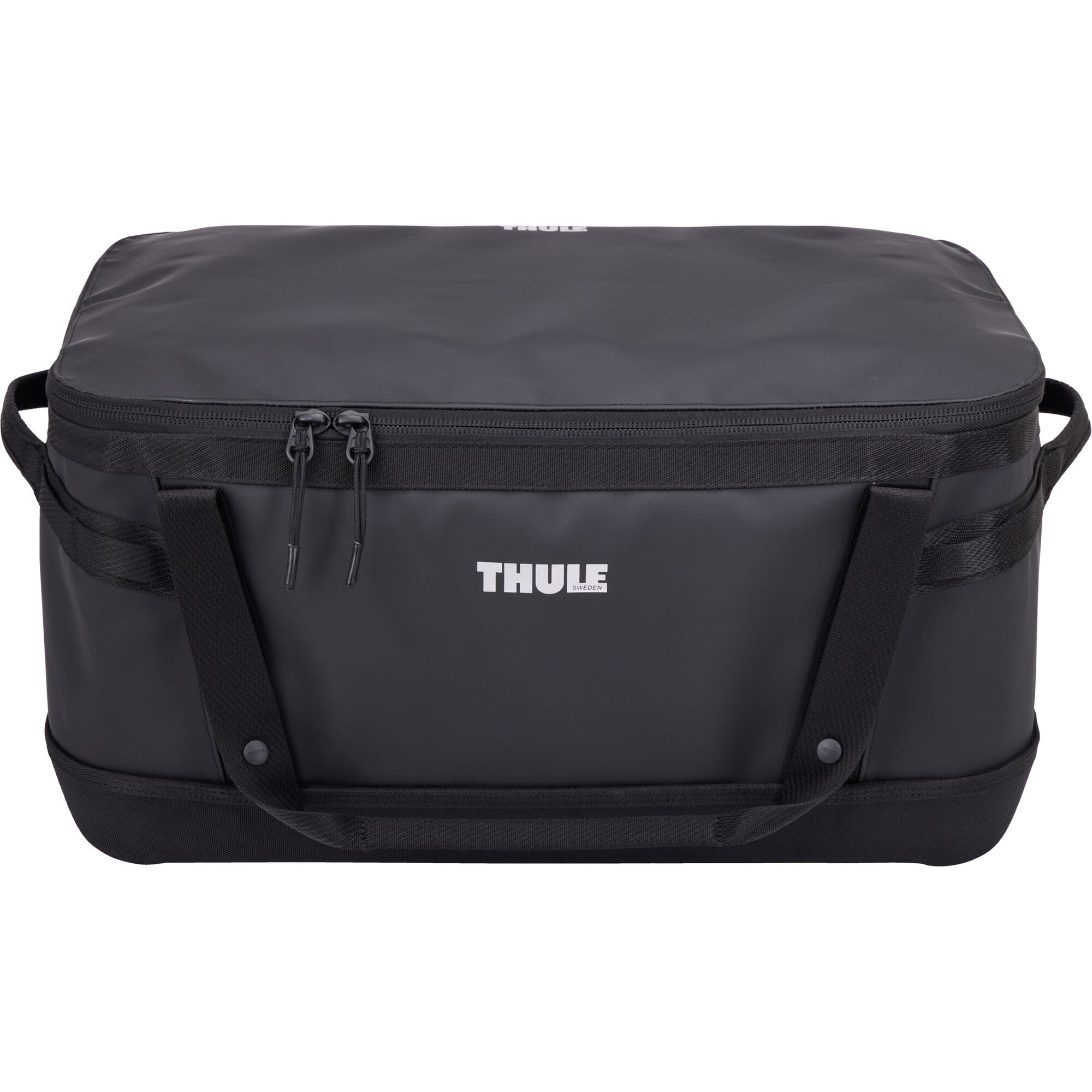 Thule Chasm Gear Hauler waterproof semi-rigid storage bag for travel and camping accessories, shown in black with sturdy handles.