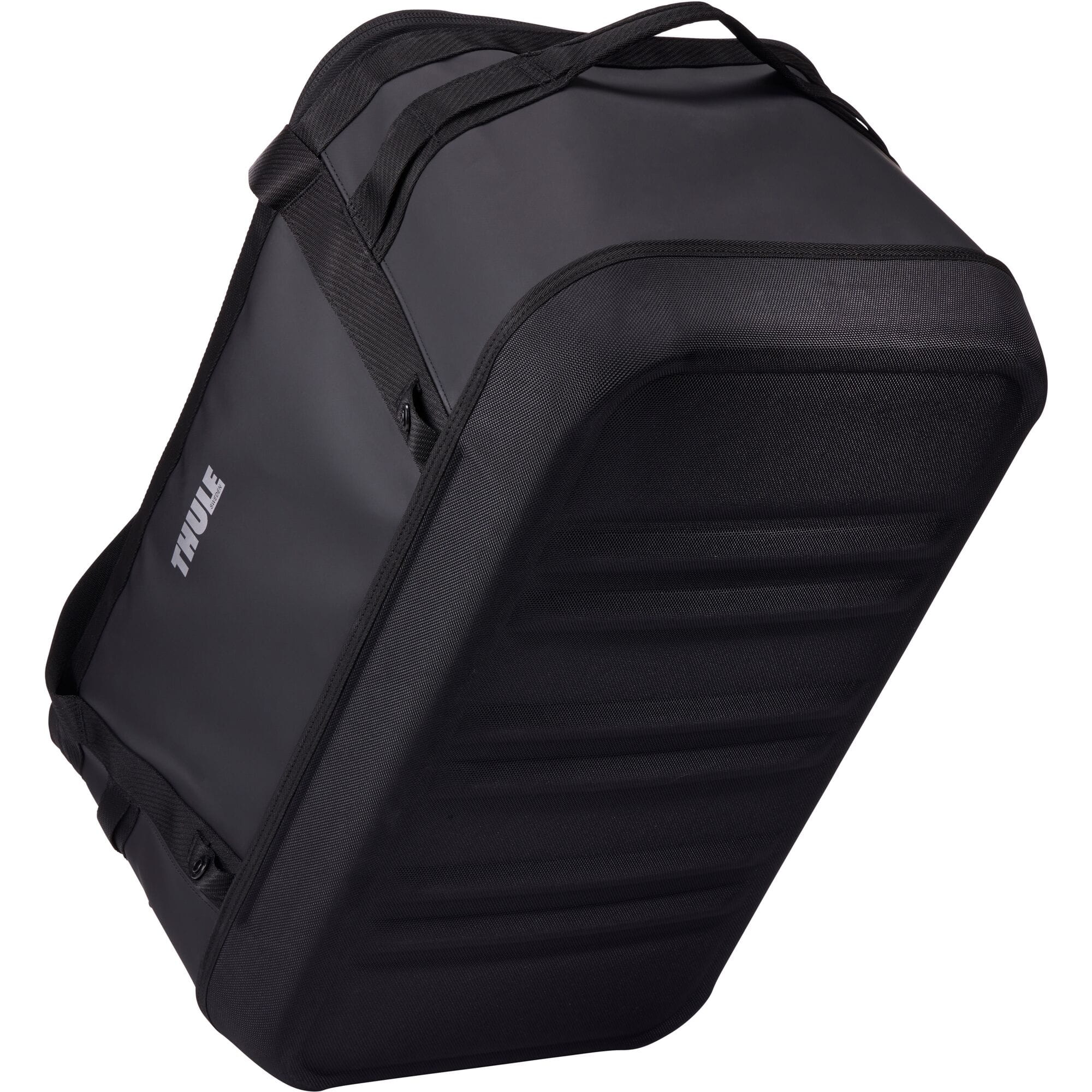 Thule Chasm Gear Hauler waterproof semi-rigid storage bag for travel and camping accessories, shown in black with handle.