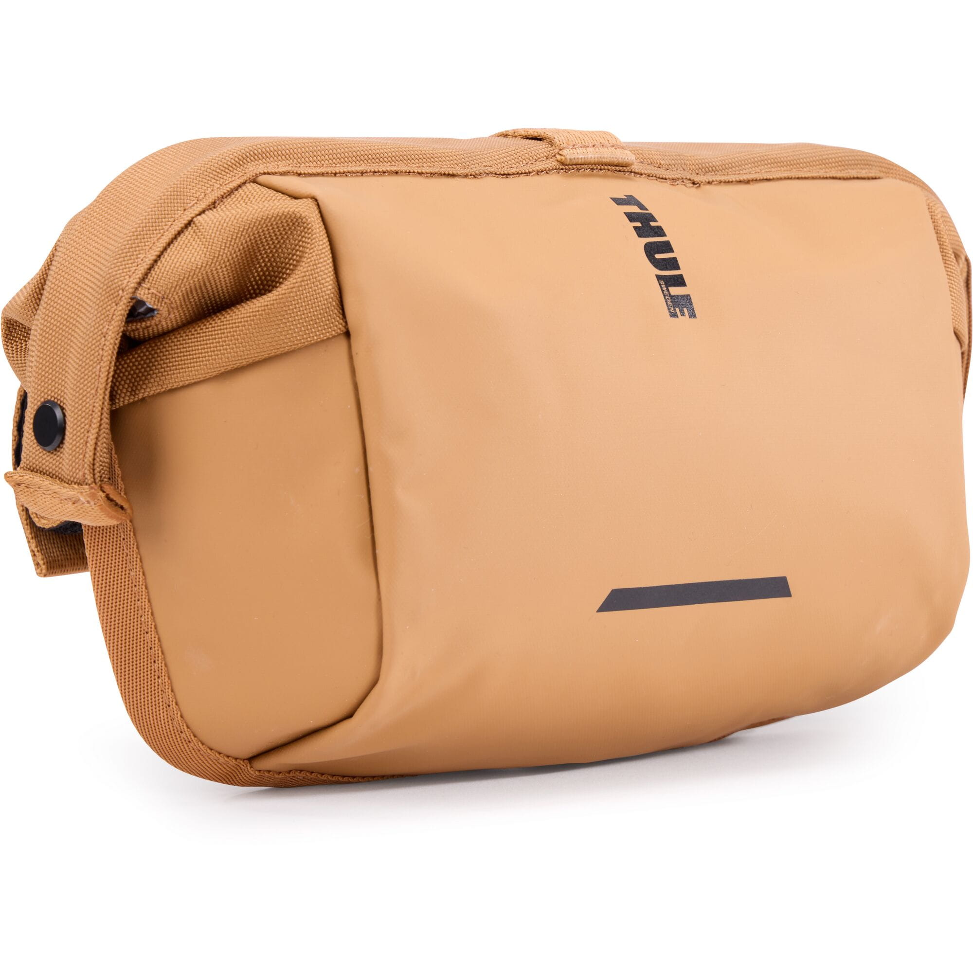Thule Chasm Handlebar Bag 2L with removable pouch and water-resistant design, mounted on a bicycle handlebar for accessories storage.