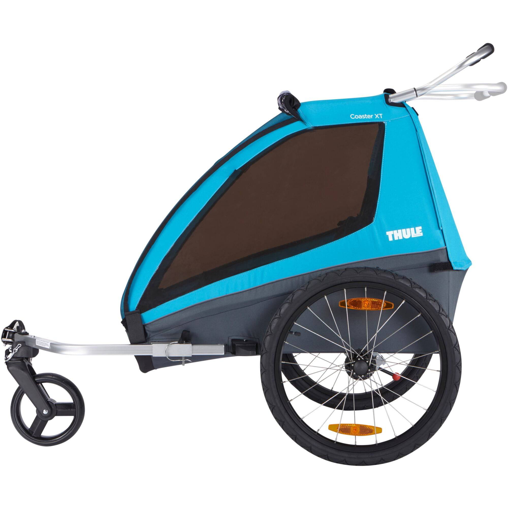 Blue Thule Coaster XT 2-Seat bike trailer and stroller with ezHitch system, shown with its sleek design and durable fabric.