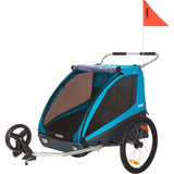 Blue Thule Coaster XT 2-seat bike trailer and stroller with ezHitch system, showing its compact, streamlined design and safety features.