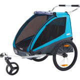 Blue Thule Coaster XT 2-seat bike trailer and stroller with ezHitch system, shown with attached accessories.