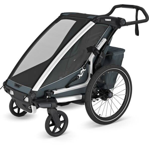 Thule Chariot Cross 2 single child carrier with cycling and strolling kit, showing the versatile stroller attachment and accessories.