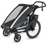Thule Chariot Cross 2 single child carrier with cycling and strolling kit, showing the versatile stroller attachment and accessories.