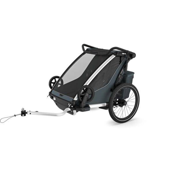 Thule Chariot Cross 2 double child carrier with cycling and strolling kit, showing the versatile stroller and cycling accessories.