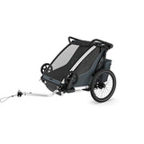 Thule Chariot Cross 2 double child carrier with cycling and strolling kit, showing the versatile stroller and cycling accessories.