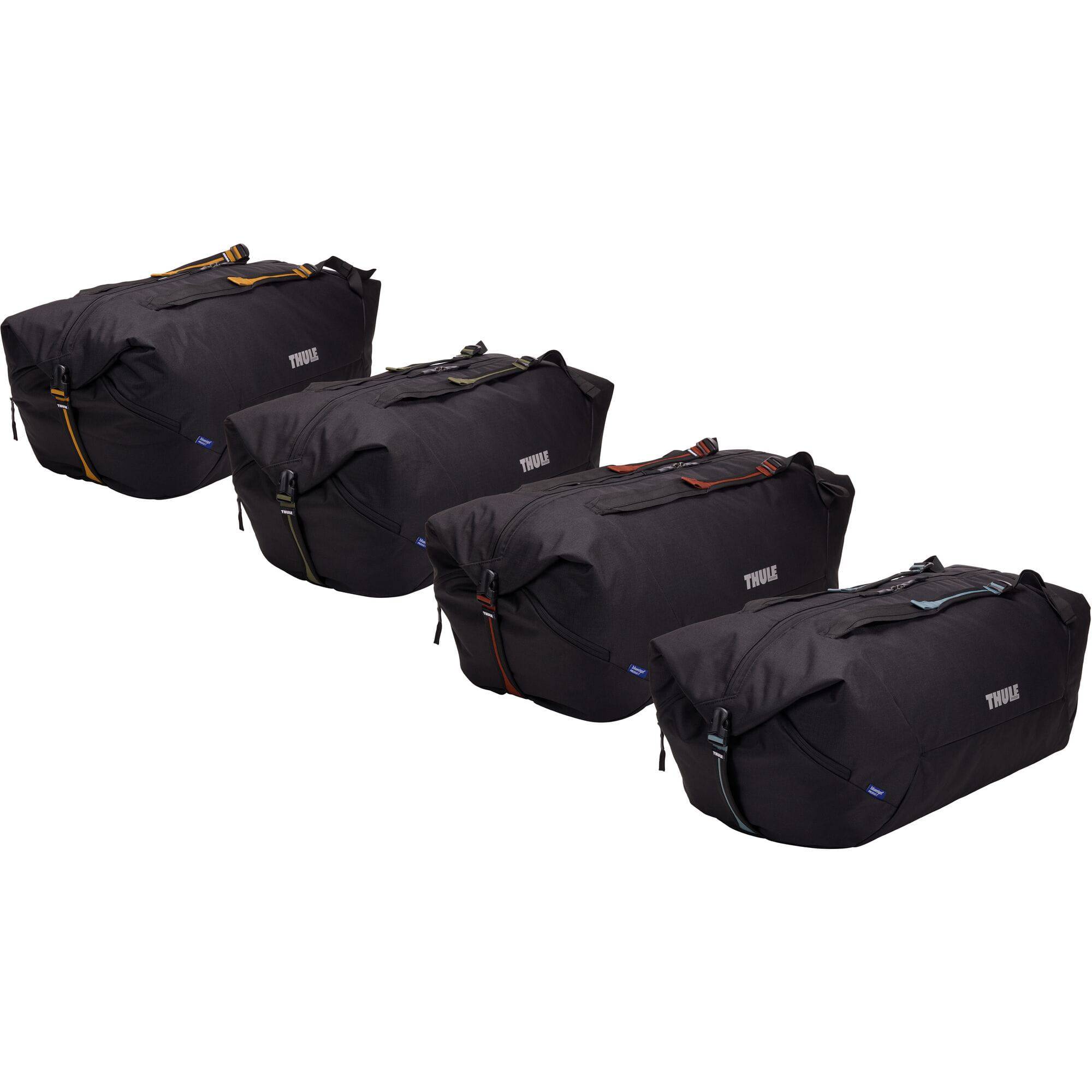 Black Thule GoPack Duffel Set 4-Pack with backpack conversion, versatile travel bags and accessories displayed in the image.