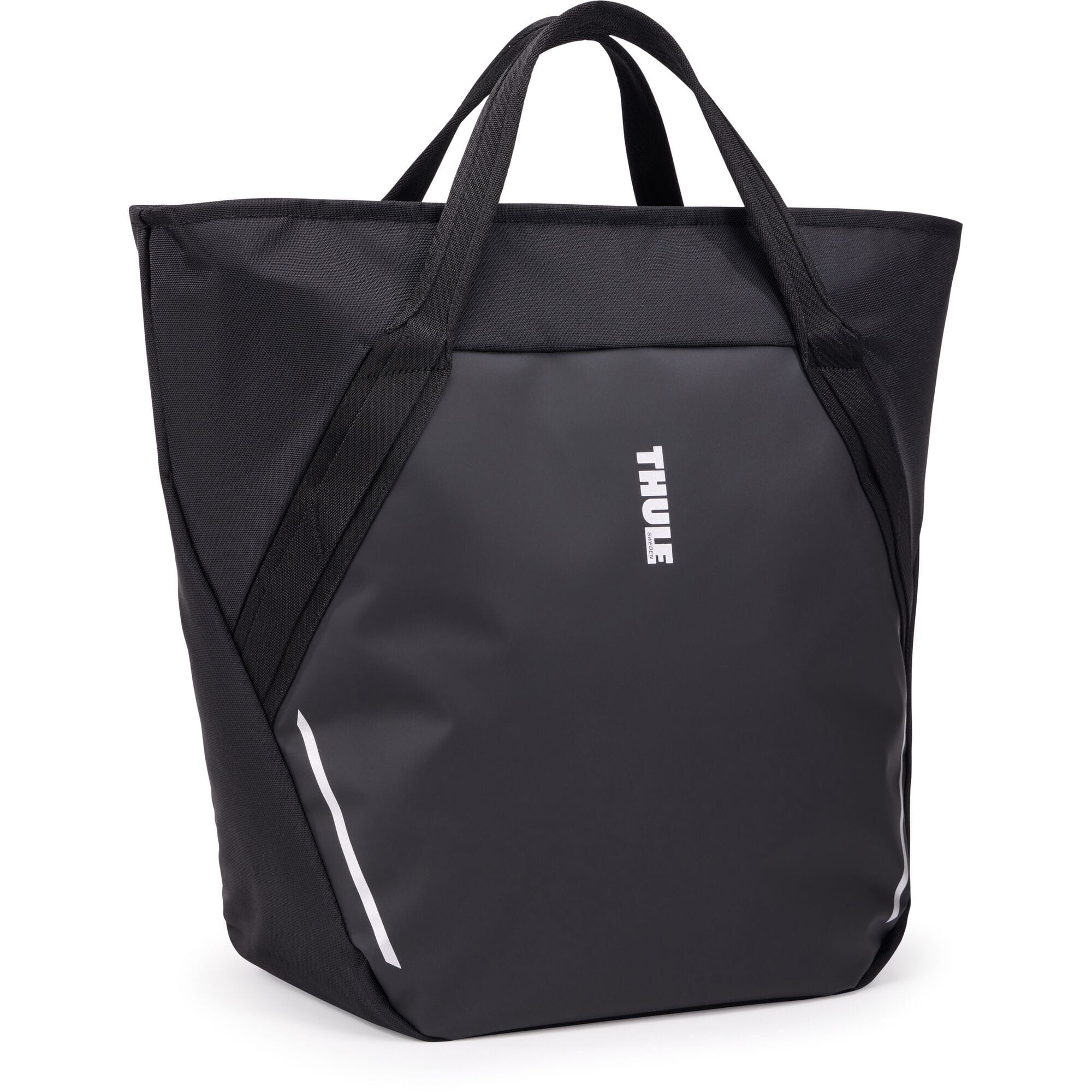 Thule Chasm Tote InLock 25L water-resistant bag with bike rack compatibility, featuring sturdy handles and secure locking system.