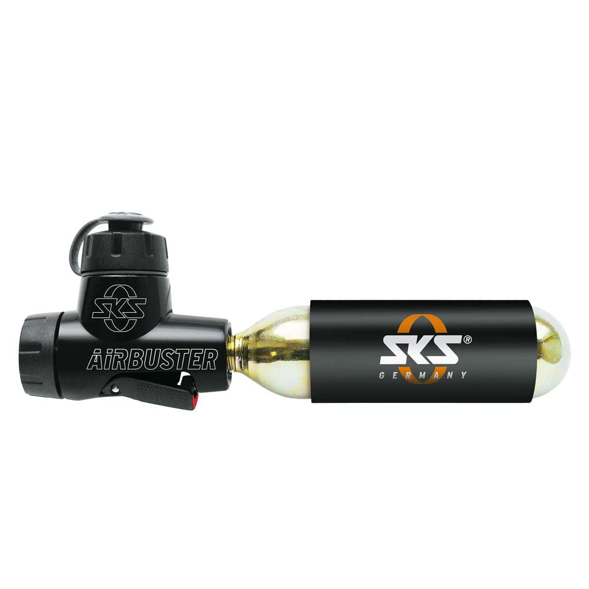 SKS Airbuster CO2 inflator pump with pressure regulator and frame bracket, shown with attached components and mount.