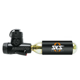 SKS Airbuster CO2 inflator pump with pressure regulator and frame bracket, shown with attached components and mount.