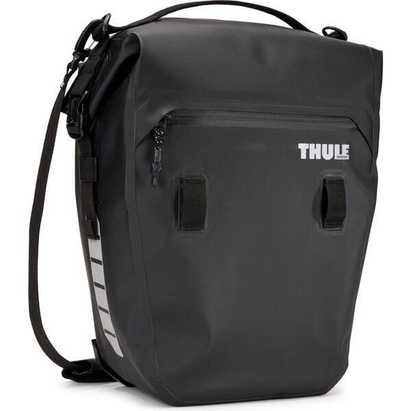 Thule Shield Commuter Pannier 22L waterproof black bag with laptop sleeve, designed for cycling accessories.