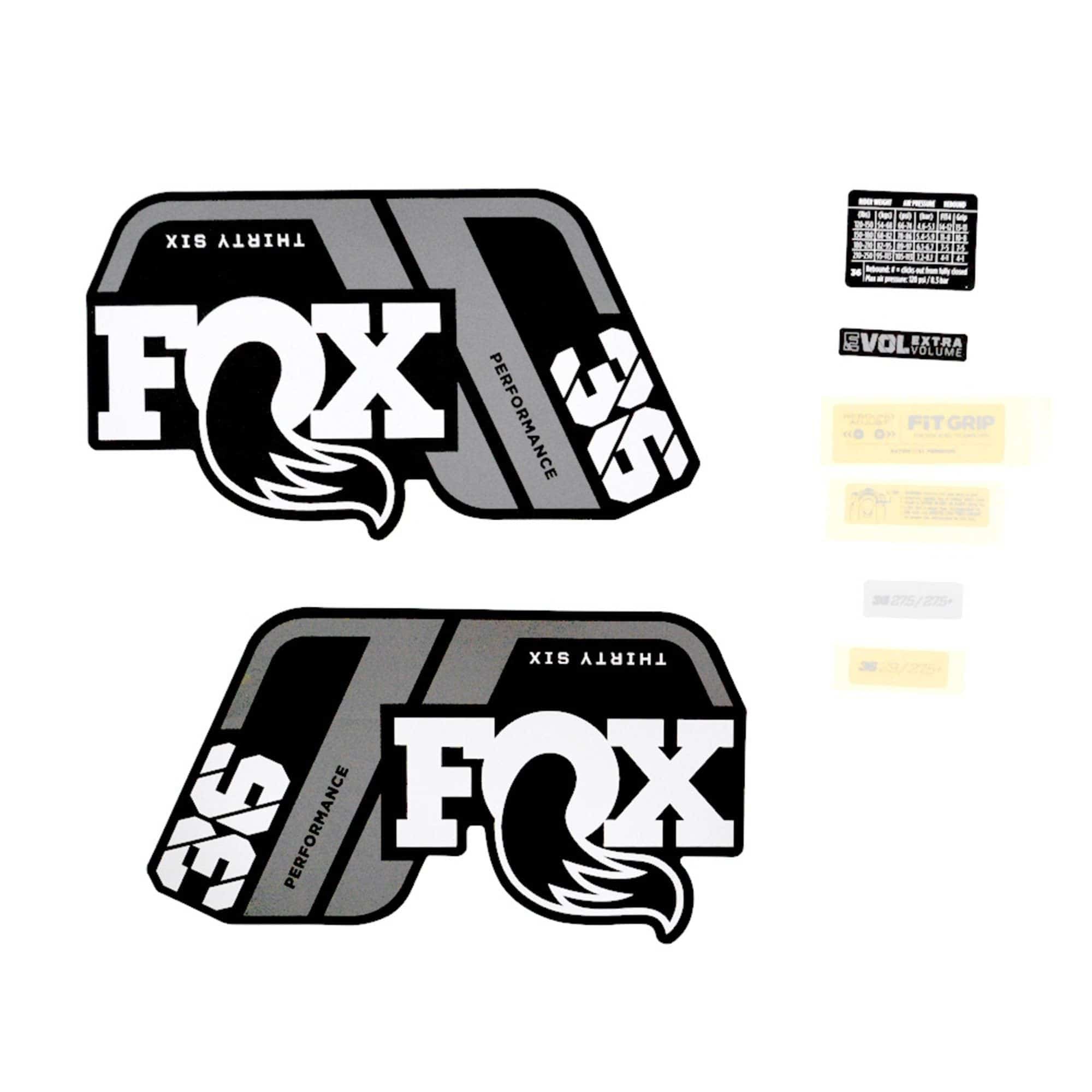 Fox Fork 36 Decal Kit: P-S Grey Logo Matte Black 2021 Spares & Accesories | Swinnerton Cycles