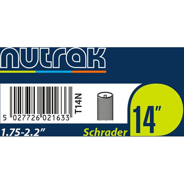 Nutrak 14-inch Schrader valve inner tube for bicycle tires, showing the rubber tube with valve stem and packaging.