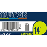 Nutrak 14-inch Schrader valve inner tube for bicycle tires, showing the rubber tube with valve stem and packaging.