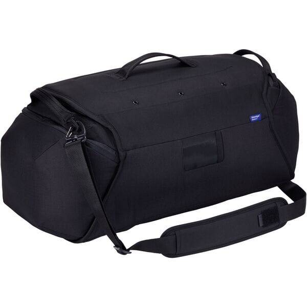 Thule RoundTrip Bike Duffel 55L cycling gear bag with organized compartments, durable black fabric, and side handles for easy carrying.