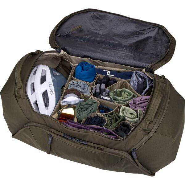 Thule RoundTrip Bike Duffel 55L cycling gear bag with organized compartments and durable design for cycling accessories.