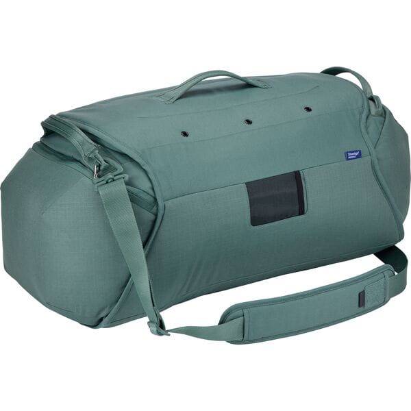 Thule RoundTrip Bike Duffel 55L cycling gear bag with organized compartments, durable black fabric, and carry handles.