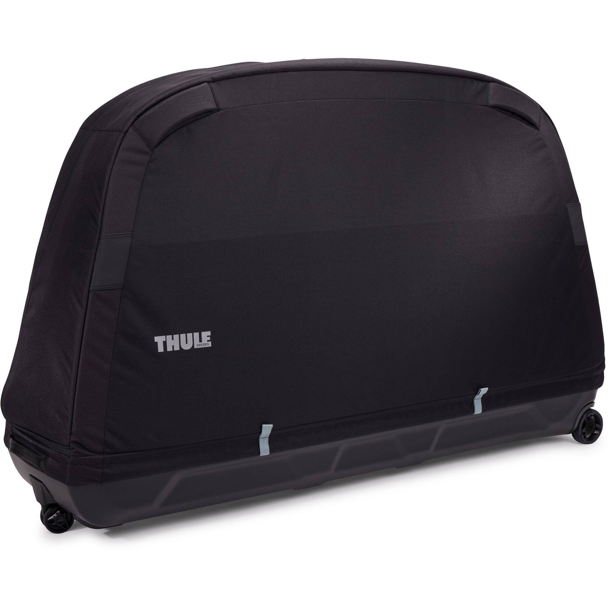 Thule RoundTrip MTB bike case with integrated work stand for mountain and road bikes, shown with open protective cover and handle.
