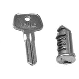 Thule Lock Barrel with matching key for secure carrier accessories, showing the metal lock and key in hand.