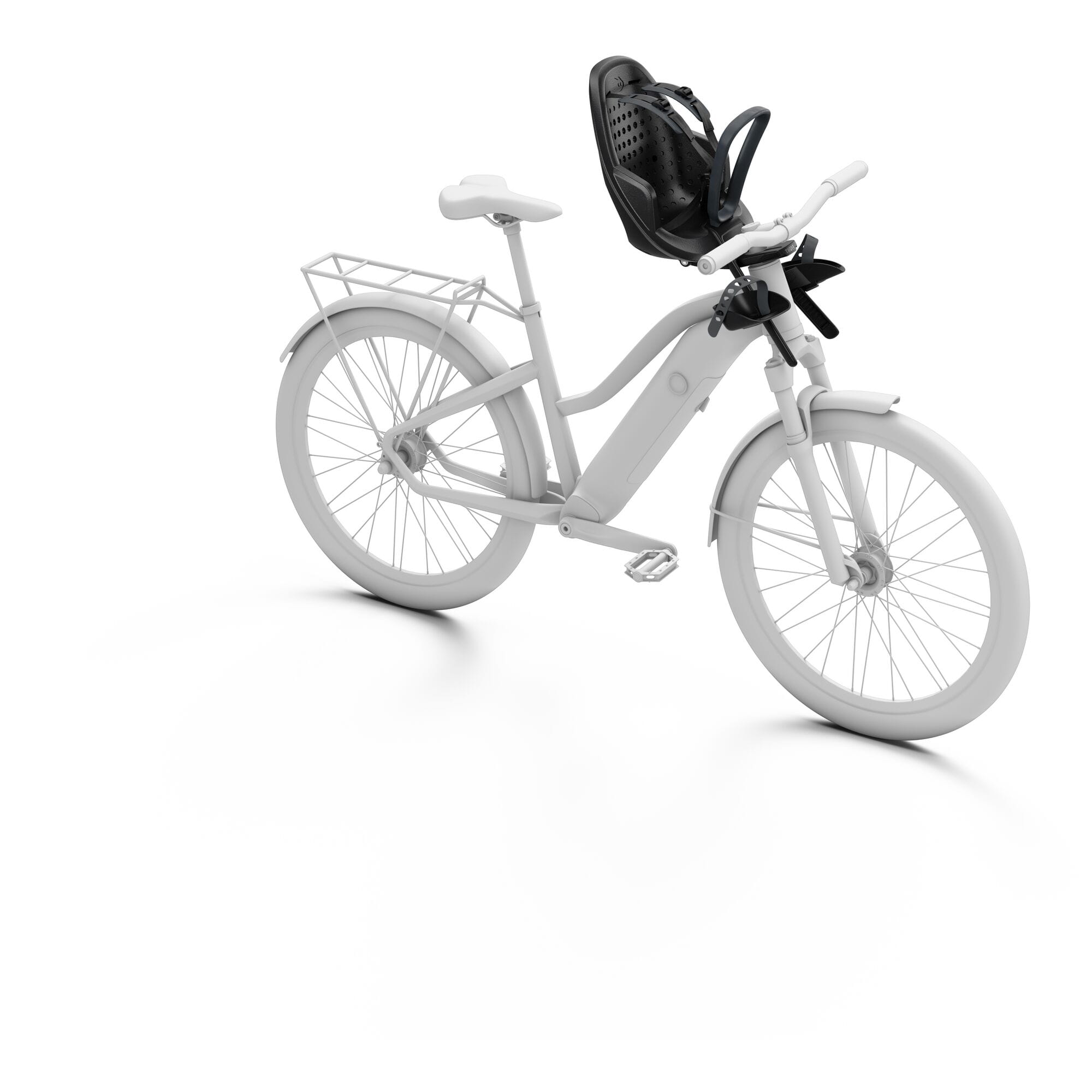 Thule Yepp 2 Mini front child bike seat stem mount with suspension system, showcasing mounting hardware and suspension features.