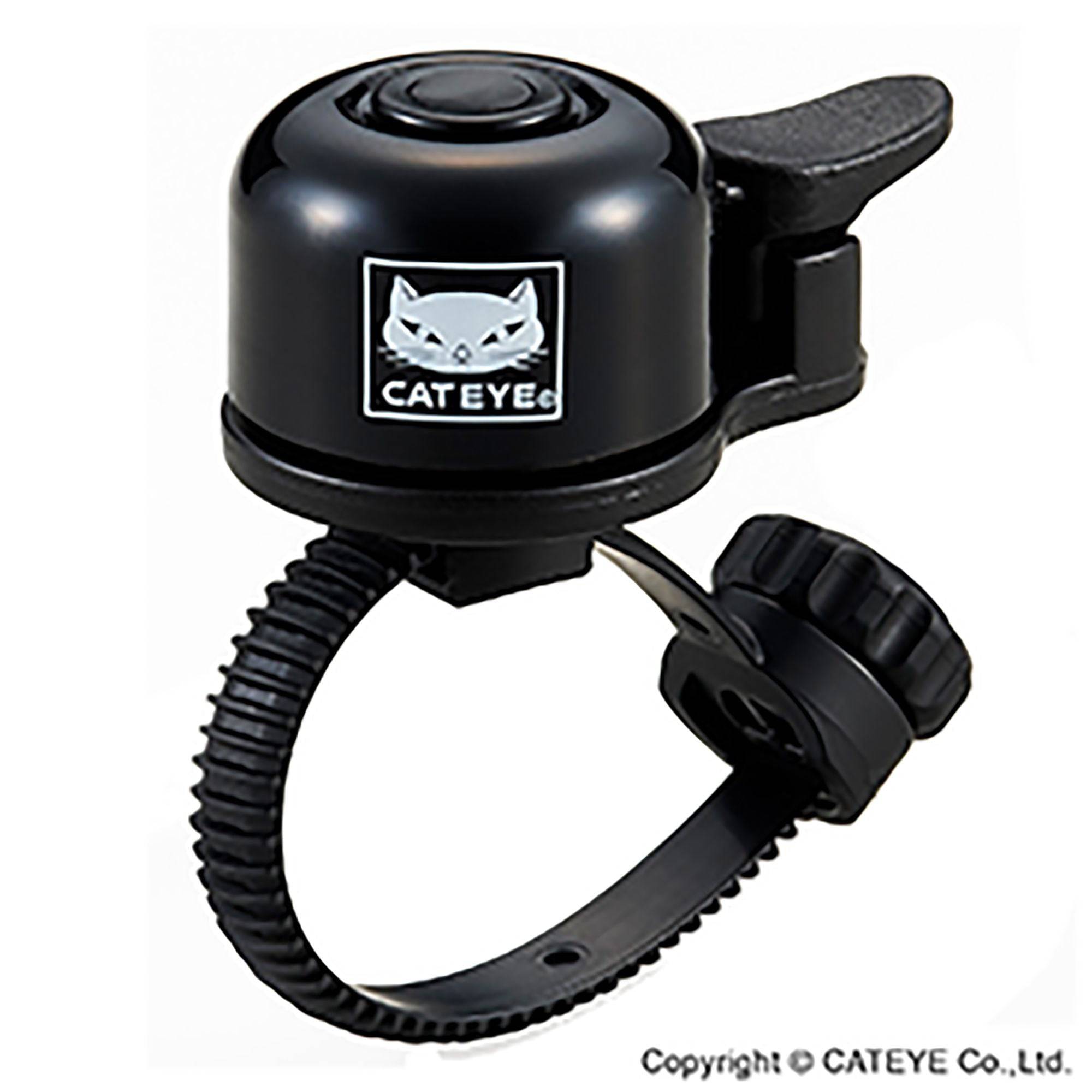 Black Cateye OH-1400 aluminium bike bell with clear loud sound and FlexTight™ compatibility, mounted on a bicycle handlebar.