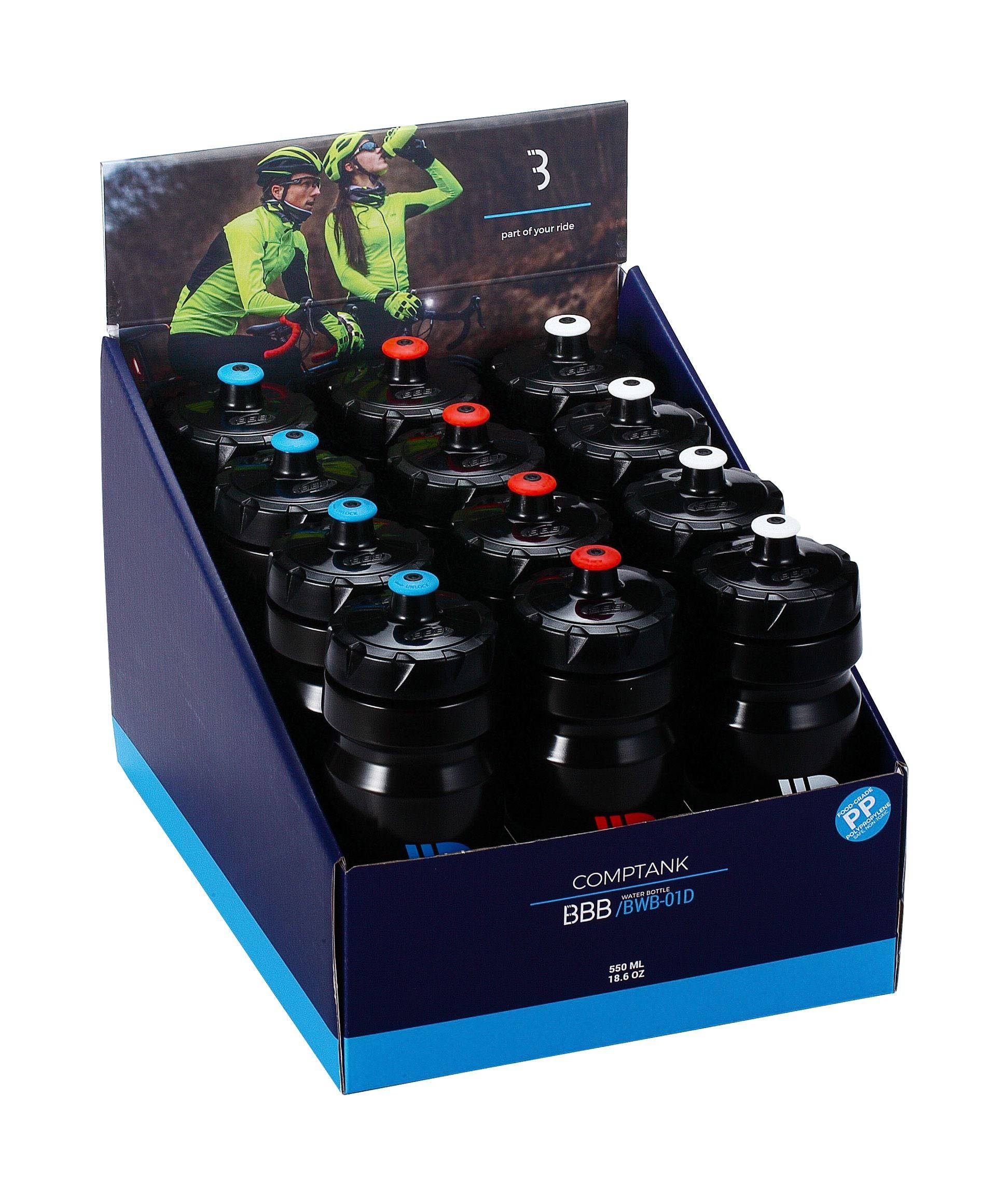 BBB BWB-01D CompTank 550ml water bottle with SoftLock valve, leak-proof hydration bottle displayed in a box for accessories.