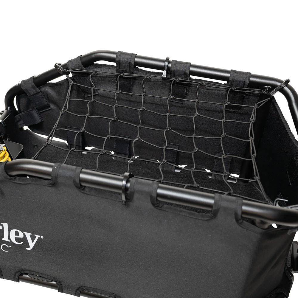 Burley Cargo Bungee Net for Coho XC and Flatbed Trailers, showing secure mounting hooks and elastic cords for cargo security.