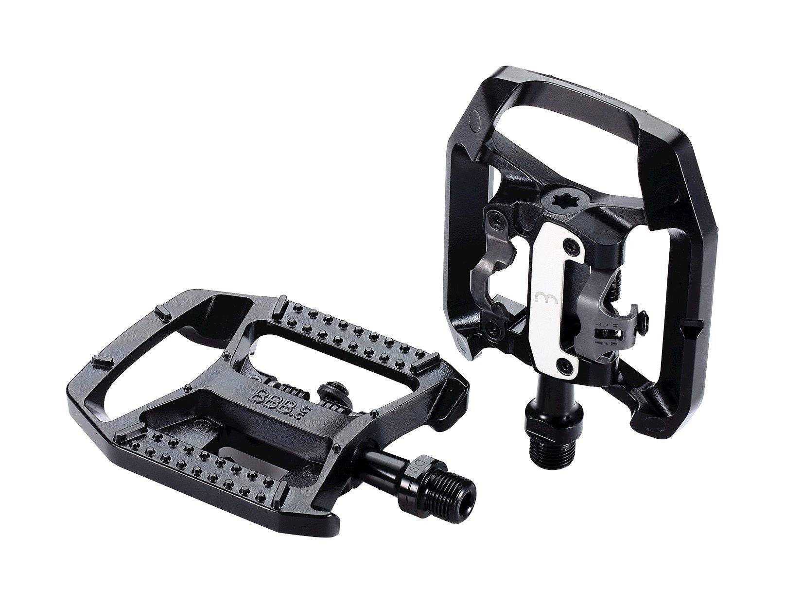 Black BBB BPD-61 DualChoice clipless and flat bike pedals with SPD cleats, shown from a side angle.