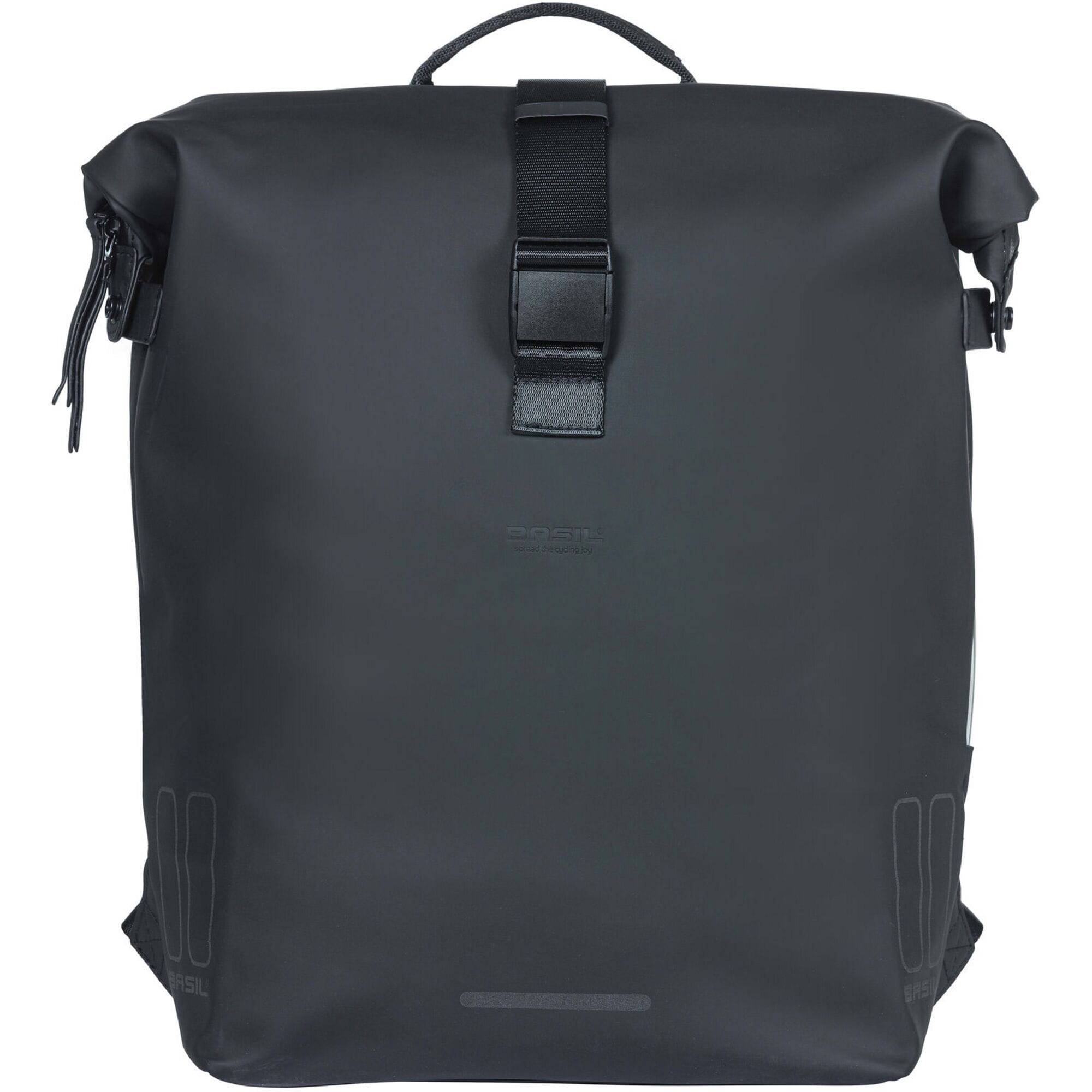 Basil SoHo Nordlicht 17L bicycle backpack in Night Black with integrated LED light, designed for cycling accessories.