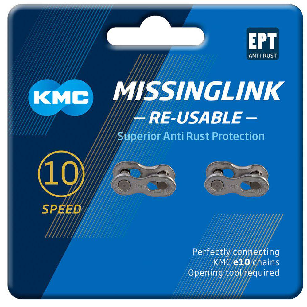 KMC Missinglink 10R EPT Silver reusable chain links for Shimano and Campagnolo bike chains, shown in a 2-pack.