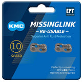 KMC Missinglink 10R EPT Silver reusable chain links for Shimano and Campagnolo bike chains, shown in a 2-pack.