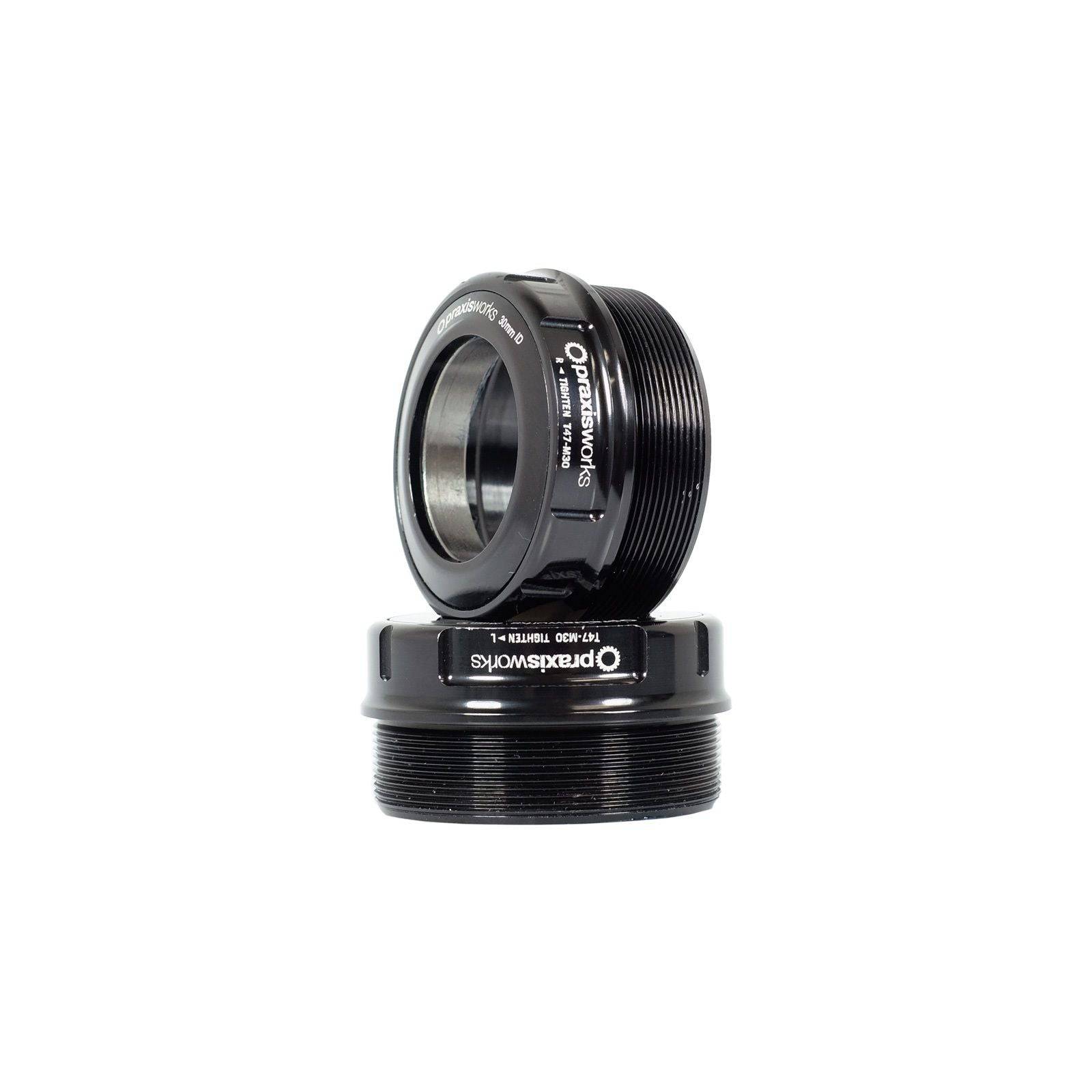 Praxis Works M30 T47 threaded bottom bracket for 68/73mm road and MTB bike shells, showing the component with threading details.