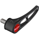 DT Swiss RWS Plug-In Rear MTB thru axle 12x142mm with 12x1.5mm threaded end, shown in workshop setting.