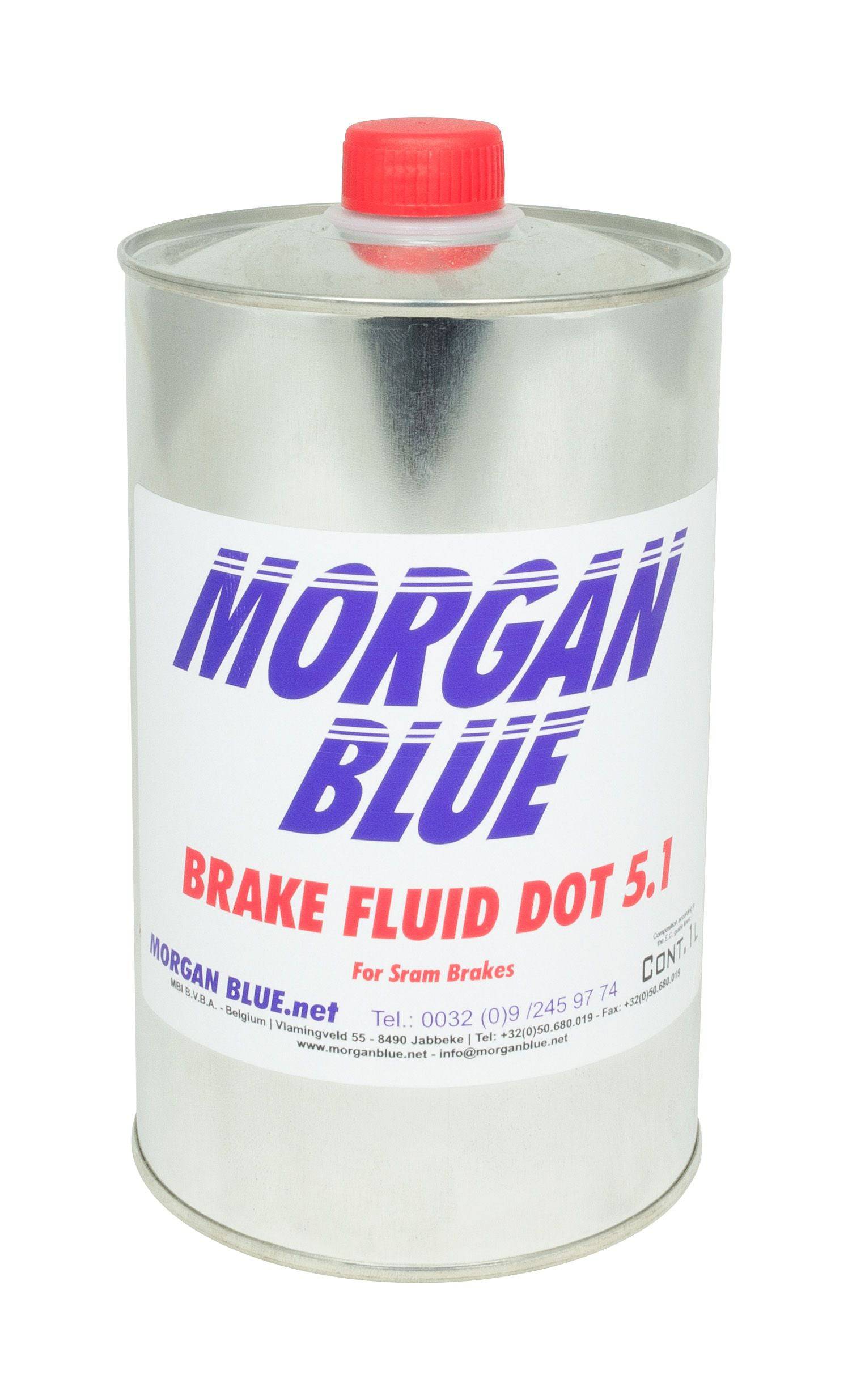 Morgan Blue DOT 5.1 brake fluid bottle for hydraulic brakes, shown in a workshop setting with clear labeling.