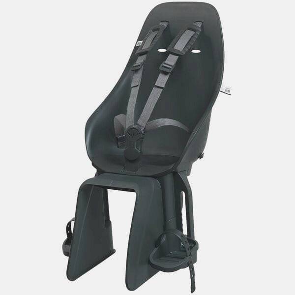 Urban Iki rear bike child seat with easy fix mount, designed for (e)-bikes with pannier rack compatibility, shown on a bicycle.