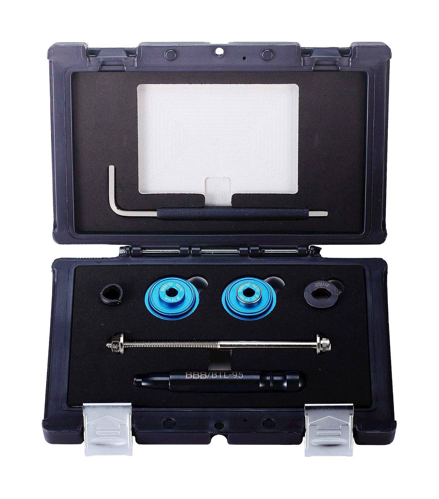 BBB BTL-95 BracketKit tool set for press-fit bottom bracket removal and installation, includes workshop tools and accessories.