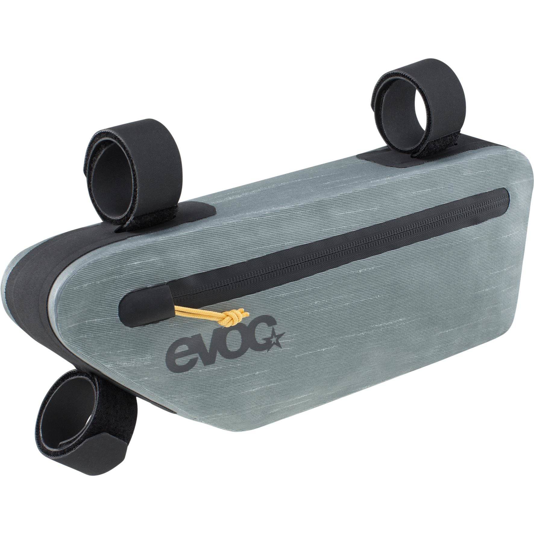 EVOC waterproof bike packing frame bag with 1.5L capacity, designed for secure bike storage and accessories.