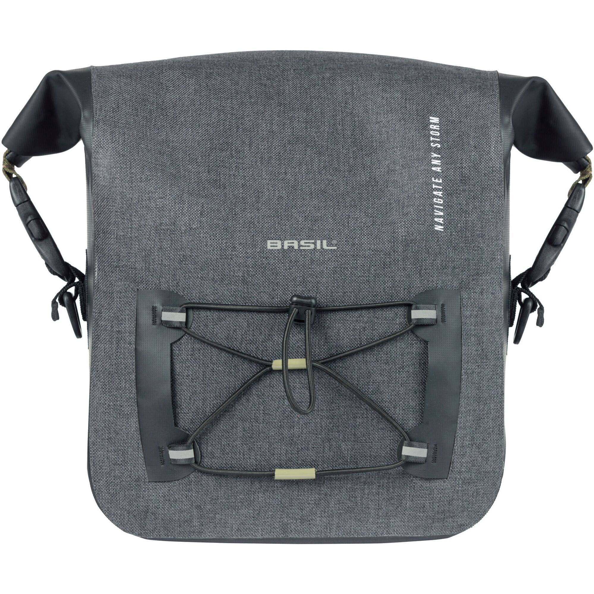 Black Basil Navigator Storm KF handlebar bag with reflective logos, waterproof 10-11L cycling accessory for bike storage.