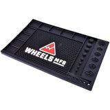 Wheels Manufacturing Ultimate Benchtop Workshop Mat with tool compartments and bearing gauges for organized workspace.