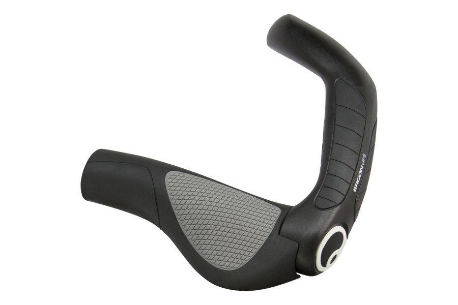 Ergon GP5 ergonomic bike grips with rubber inserts and multiple hand positions, designed for comfortable cycling.