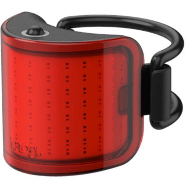 Knog Lil' Cobber bike light showing waterproof design, USB charging port, and 330° visibility on a bike handlebar.