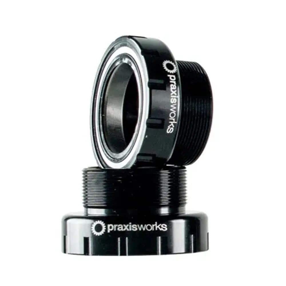 Praxis Works M30 Thru Bottom Bracket BSA 68mm/73mm with inner sleeve for MTB cranks, metallic finish, installed in bike frame