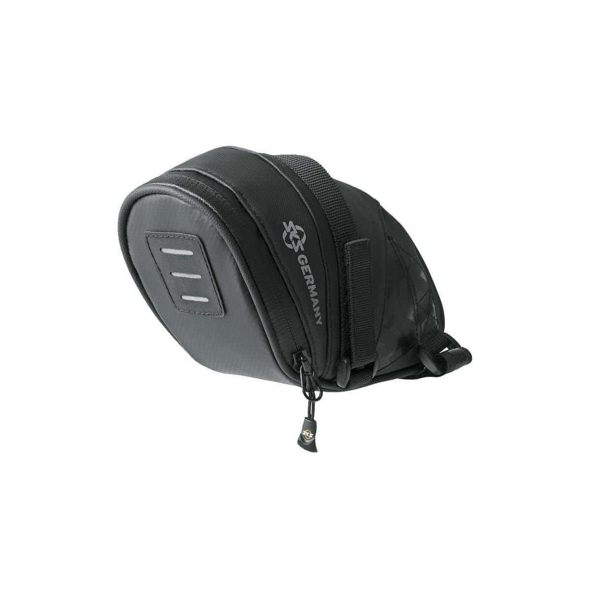 Water-repellent SKS Explorer Straps Seatpack with reflective details, shown attached to a bike seat for cycling accessories.