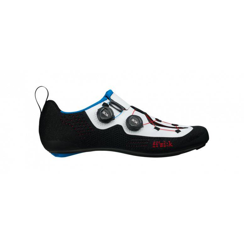 Fizik R1 Transiro road cycling shoe in black and white with size 38 and dual BOA closure system, shown from the side.