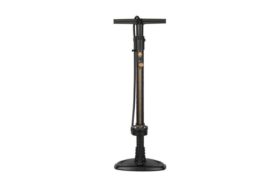 Topeak JoeBlow Tubi 2Stage Pump in black and gold with tubeless tyre inflator and Tubi-Head, accessories for bike maintenance.