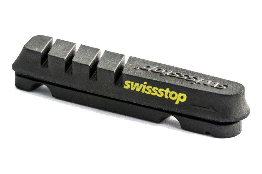 SwissStop Flash Evo Skinny brake pad inserts for Shimano and SRAM rims, shown in a close-up image of the component pairs.
