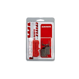 SRAM hydraulic road disc brake pads with asymmetric organic/steel design, quiet operation, monoblock construction, and bleed block tool.