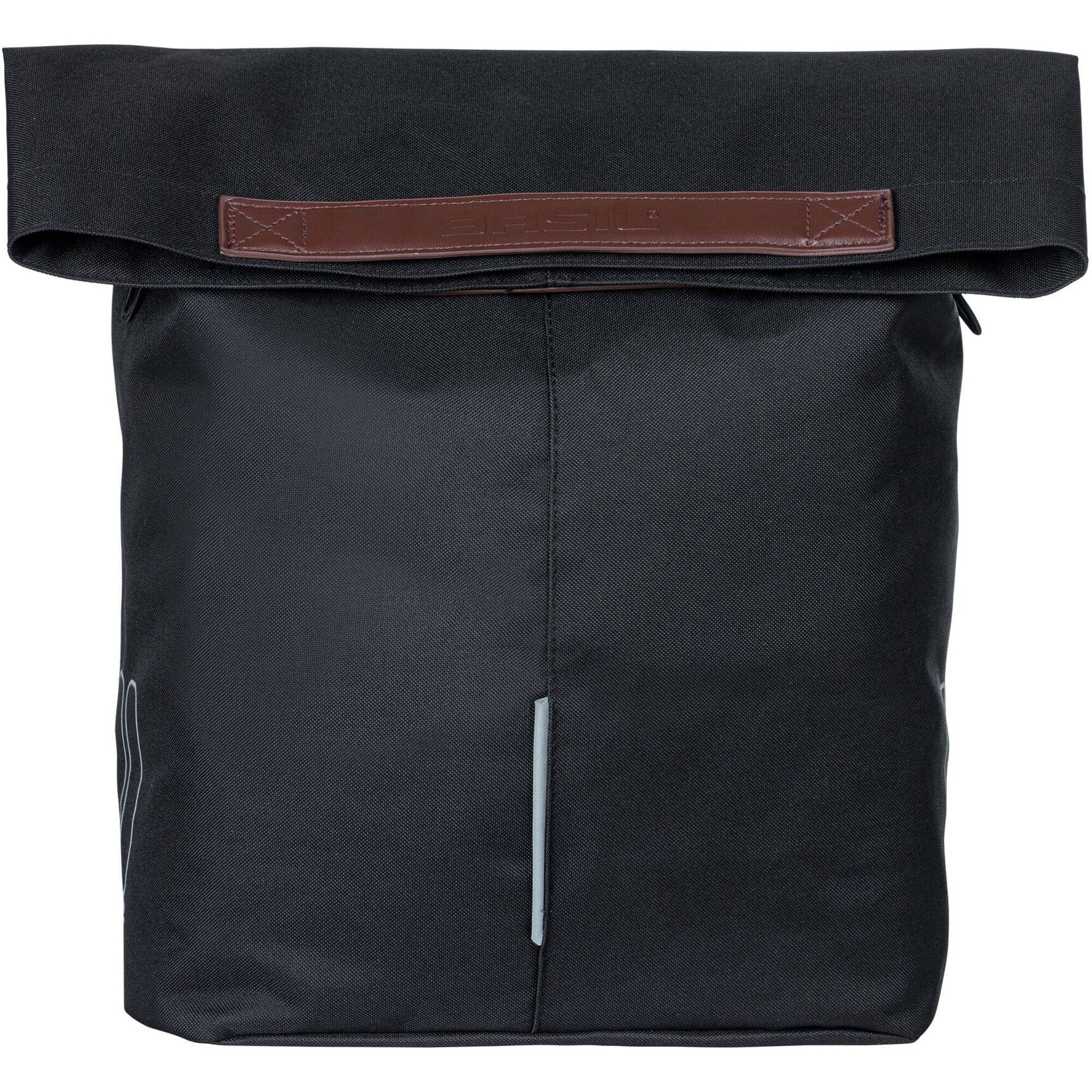 Black Basil City Bicycle Shopper Bag with hook-on system, reflective details, designed for 14-16L capacity, ideal for cycling accessories.