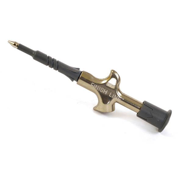 Finish Line grease injection pump gun for bike lubrication, showing a precise workshop tool for maintenance tasks.